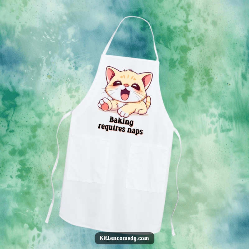 Funny Apron depicting a kawaii kitten stretching lazily and yawning contentedly, ideal for casual chefs and bakers.
