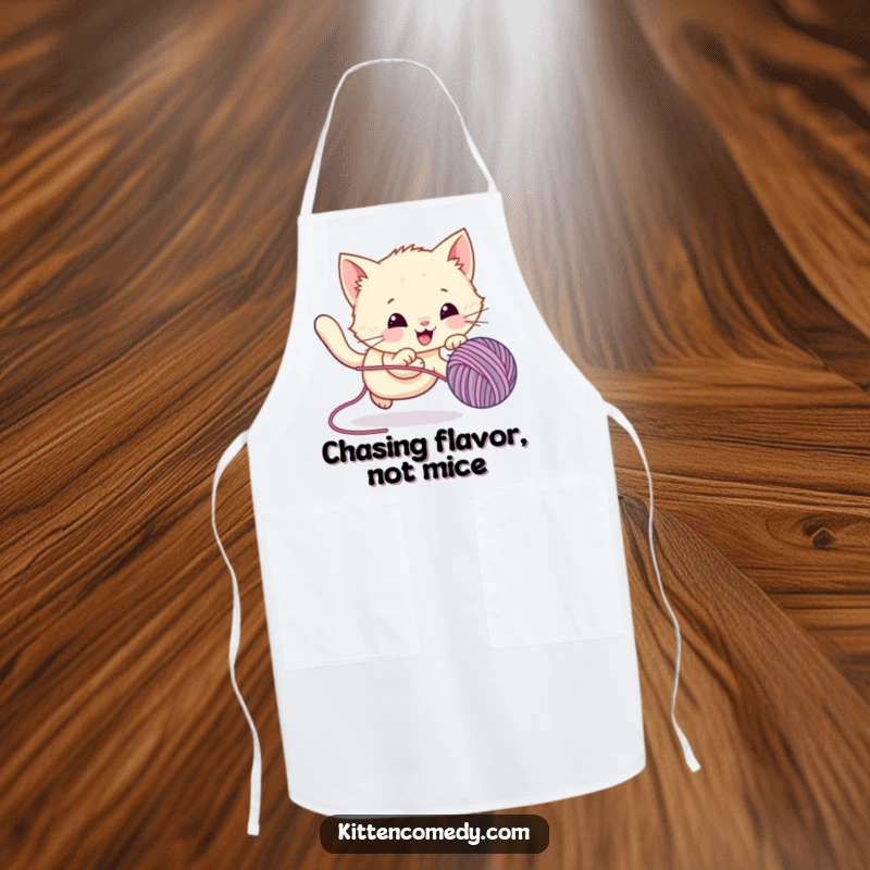 Funny Apron showing a focused kawaii kitten ready to pounce on a bouncing yarn ball, perfect for cooking and baking enthusiasts.