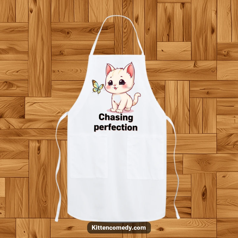 Funny kawaii kitten with wide eyes excitedly chasing a butterfly, featured on this practical and humorous kitchen apron.