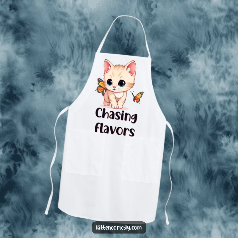 Funny cute kitchen apron with a kitten having wide, curious eyes chasing a butterfly, a charming accessory for cooks.
