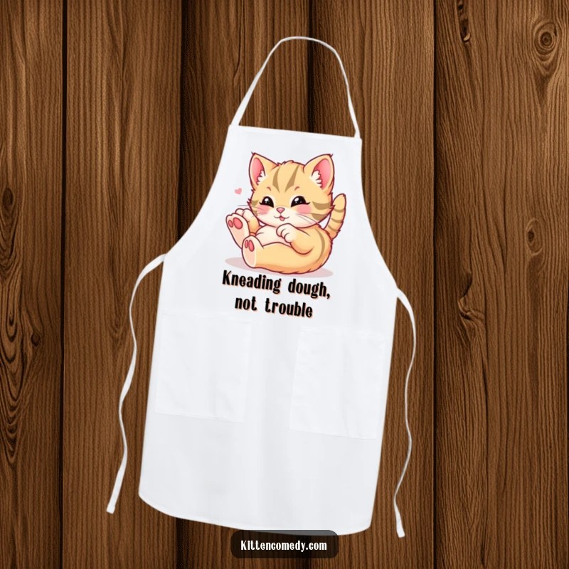 Funny kawaii kitten apron showing a cat rolling around in playful delight, adding cheer to kitchen tasks, a perfect funny gift for chefs.