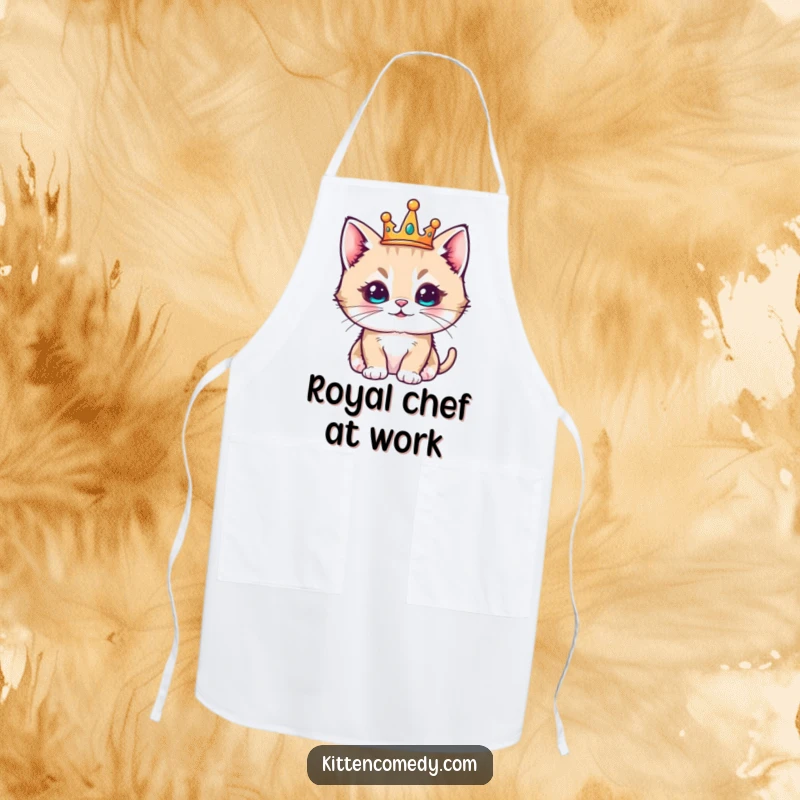 Funny kawaii kitten wearing a tiny crown, looking regal and pleased, kitchen apron for cooking.