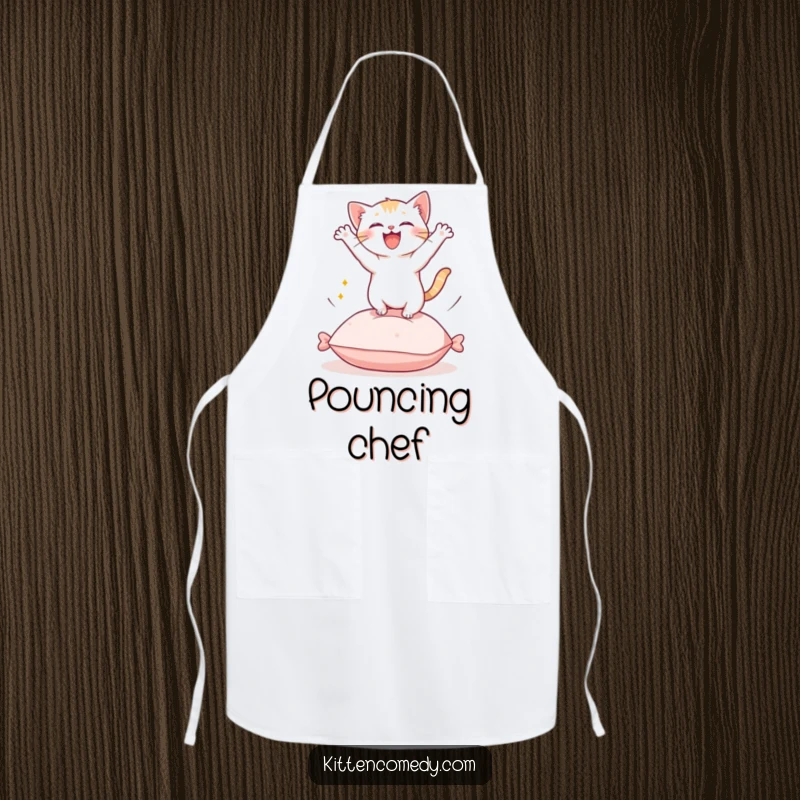 Funny Kawaii Kitten Apron: A cute kitten leaping with glee from a cushion, perfect for kitchen duty.