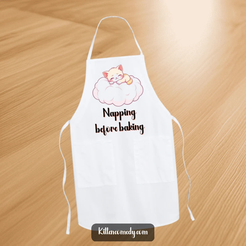 Funny apron: A kitten naps soundly on a fluffy cloud, perfect for adding adorable humor to kitchen duties.