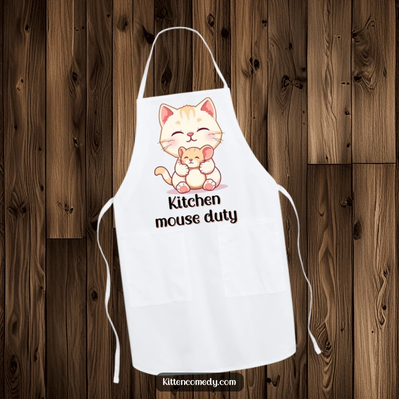 Funny apron featuring a kitten character offering a small toy mouse. Playful and humorous kitchen wear.