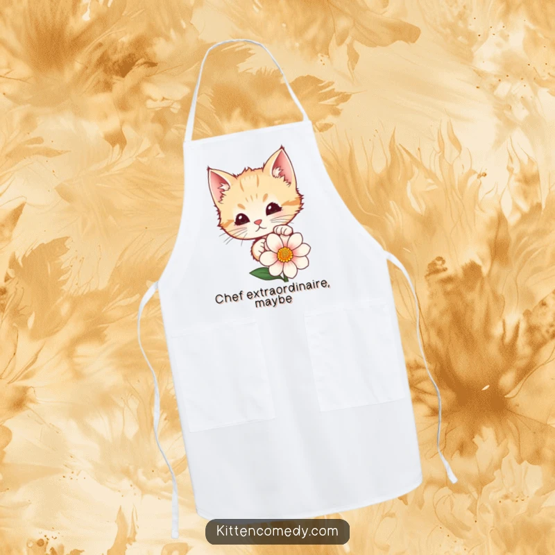 Funny kitten peeking from behind a flower, featured on a practical kitchen apron. Ideal for bakers and chefs.
