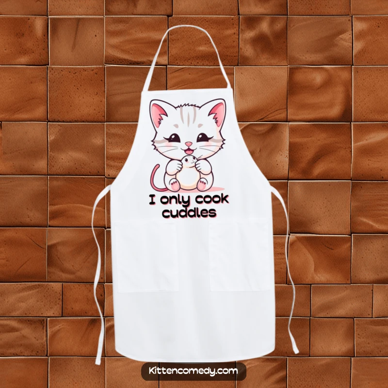 Funny kawaii kitten apron showing a cat with a mouse toy and a happy meow, ready for kitchen fun, a great funny gift for cooks.