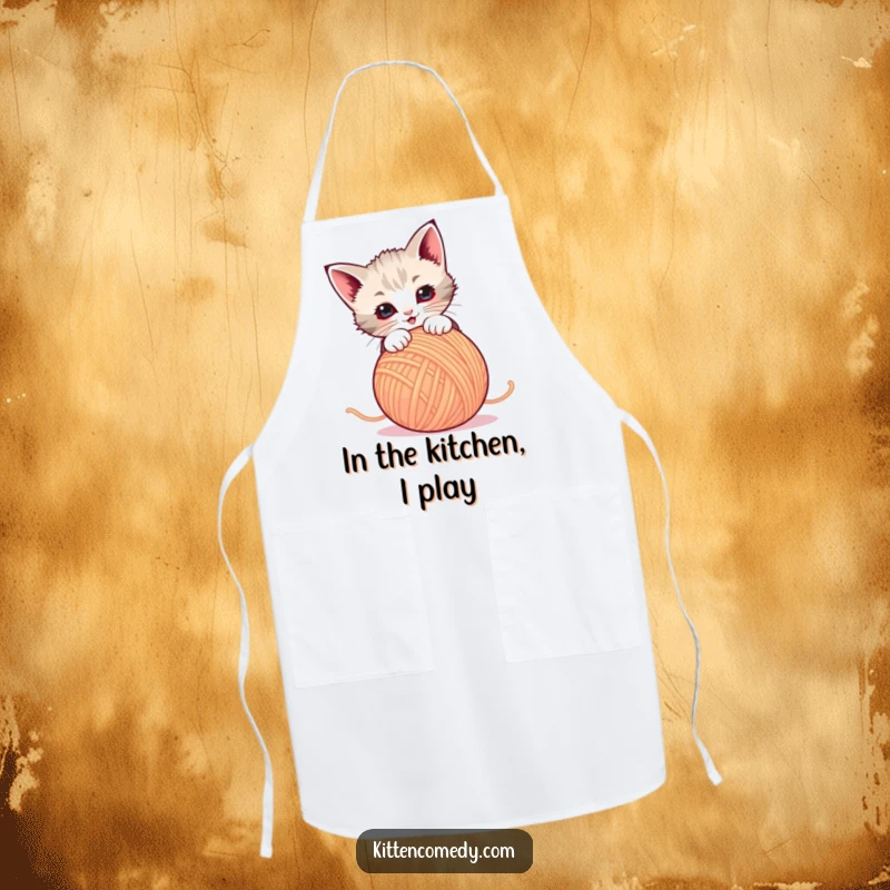 Funny Apron: A kitten energetically attacks a dancing ball of yarn. Protect your clothes with feline humor.