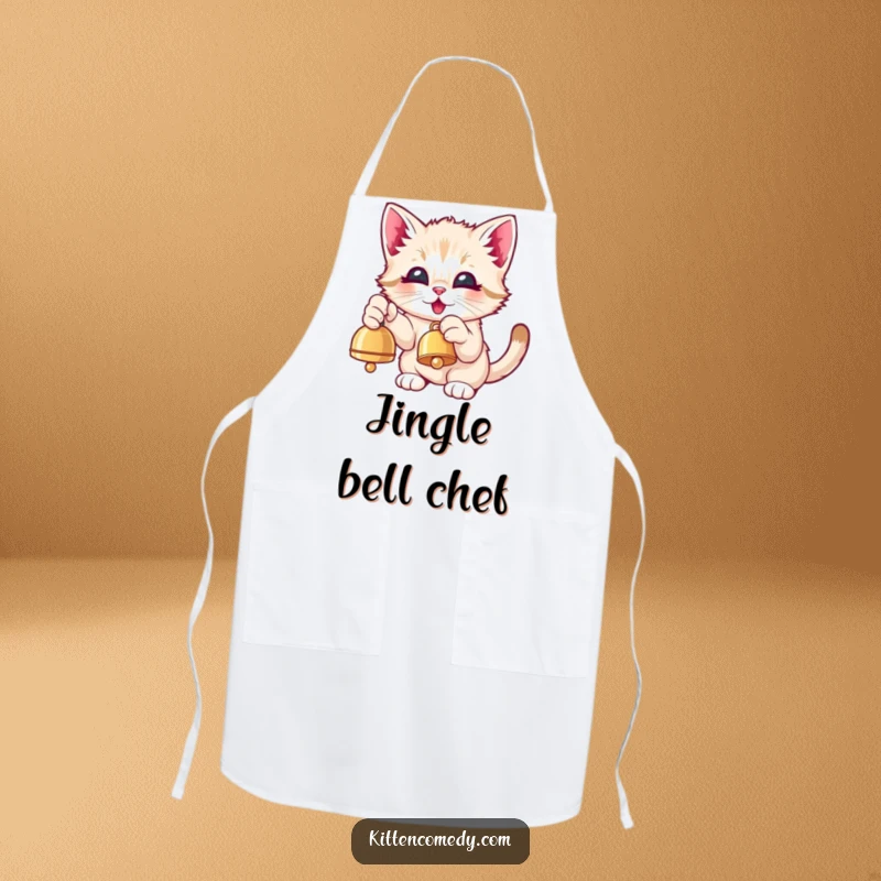 Funny Kawaii Kitten Apron: A cute kitten eagerly pawing at a dangling bell with pure delight, ready for cooking.