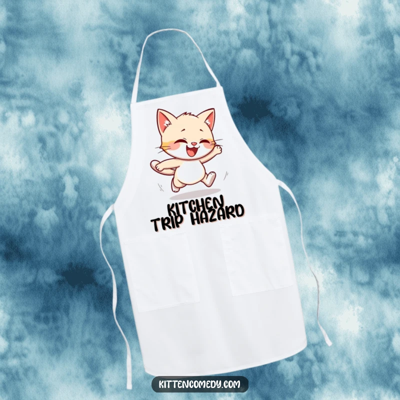 Funny apron featuring a kitten character hilariously stumbling while running. Playful and humorous kitchen wear.