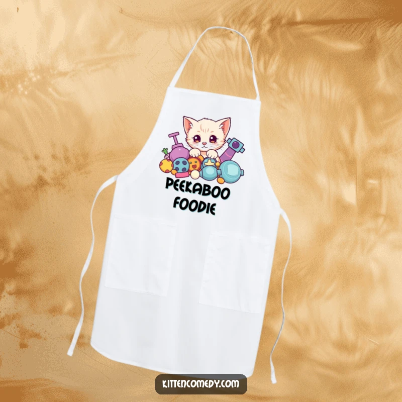 Funny Kawaii Kitten Apron: A cute kitten curiously peeking from behind a pile of toys, ready for cooking.