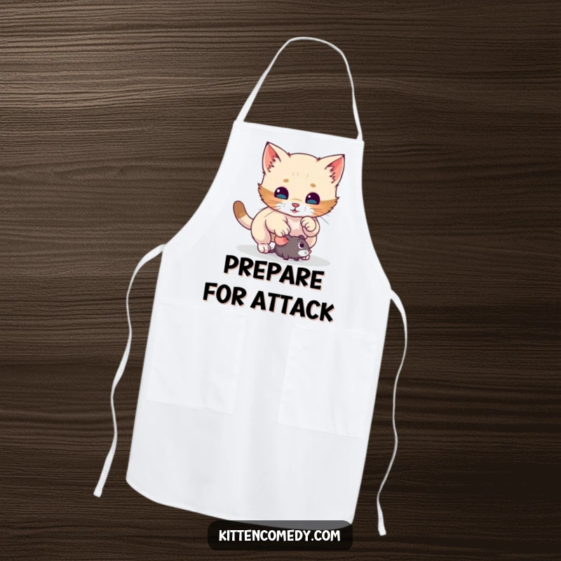 Funny kitten apron illustrating a cat's sudden pounce on a toy mouse, adding a humorous touch to kitchen activities and culinary pursuits.