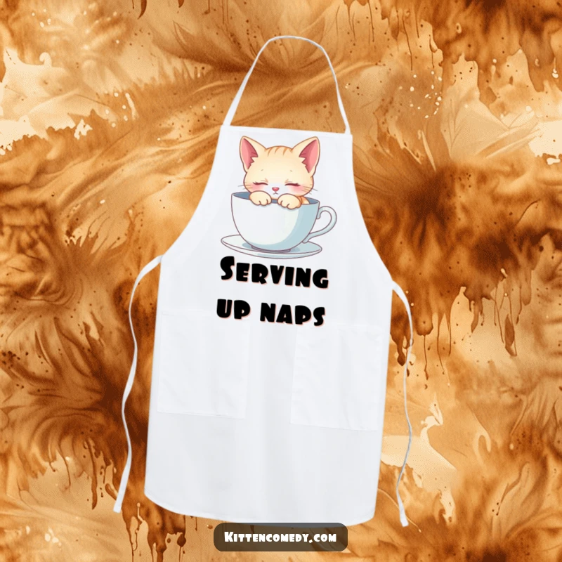 Funny Apron: A kitten peacefully naps inside a giant teacup. Adds gentle humor to kitchen tasks.