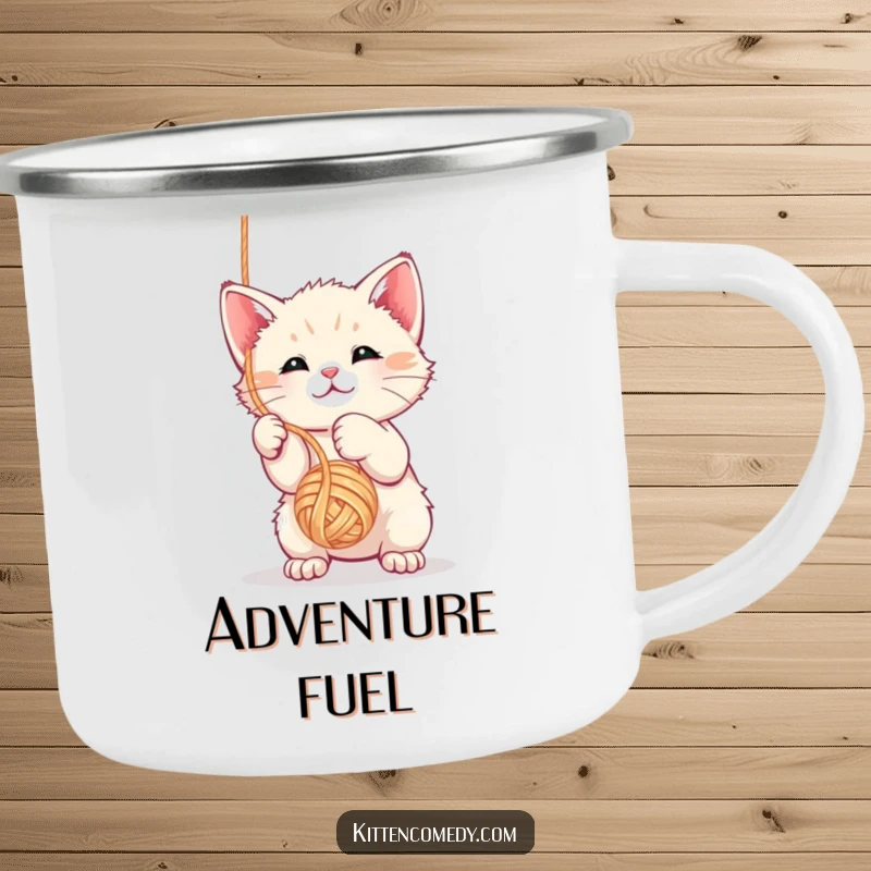 Funny kawaii kitten enamel camping mug showing the cat playing with a ball of yarn.