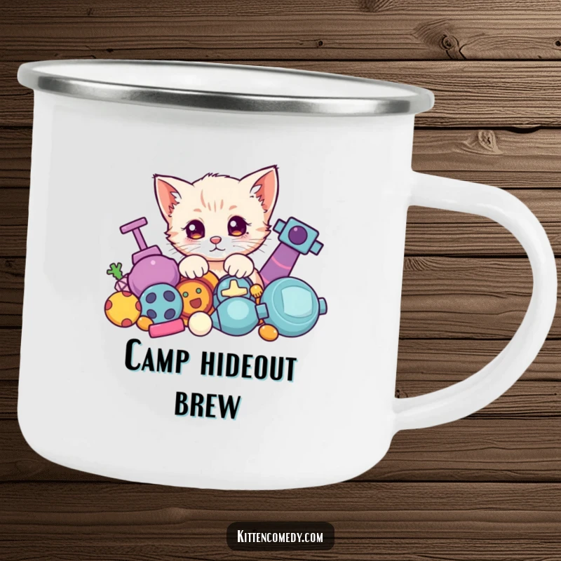 Funny Kawaii Kitten Camping Mug: A tough mug with a cute kitten peeking from behind toys.