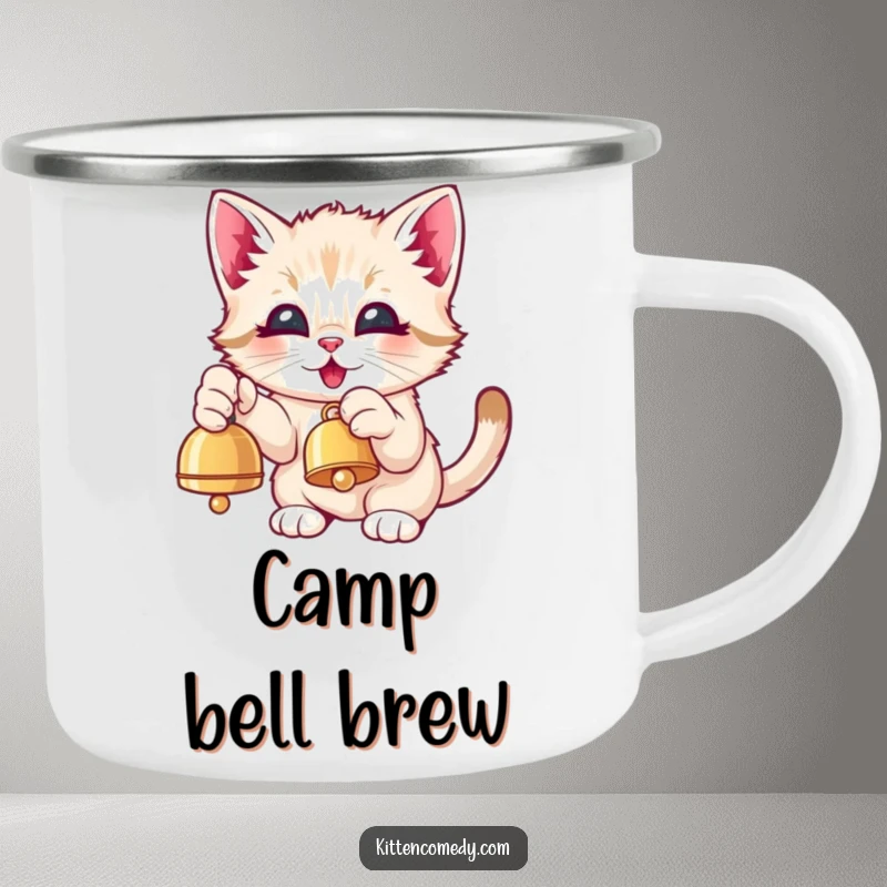 Funny Kawaii Kitten Camping Mug: A tough mug with a cute kitten eagerly pawing at a dangling bell.