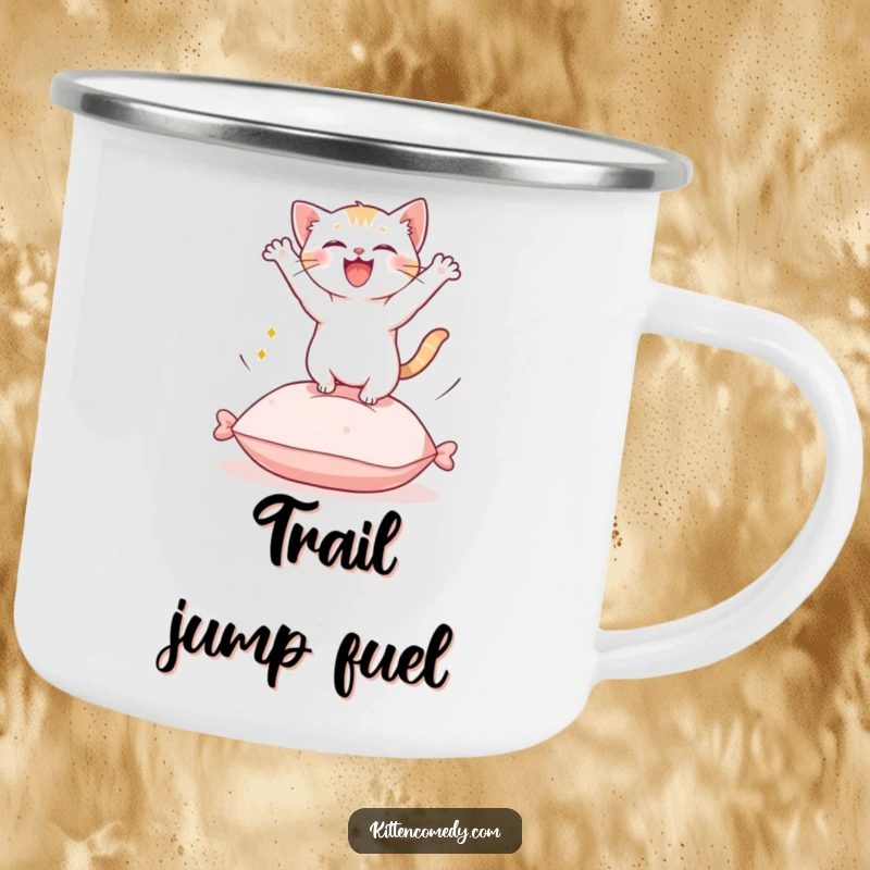 Funny Kawaii Kitten Camping Mug: A tough mug with a cute kitten leaping exuberantly from a cushion.