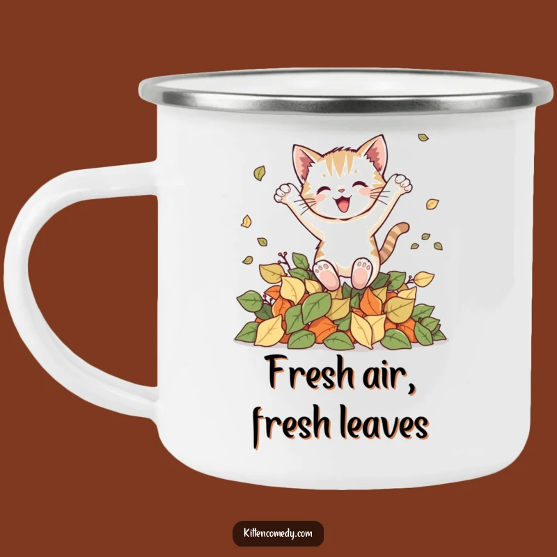 Funny Kitten Leaf Leap Camping Mug: Durable Outdoor Autumn Fun Mug