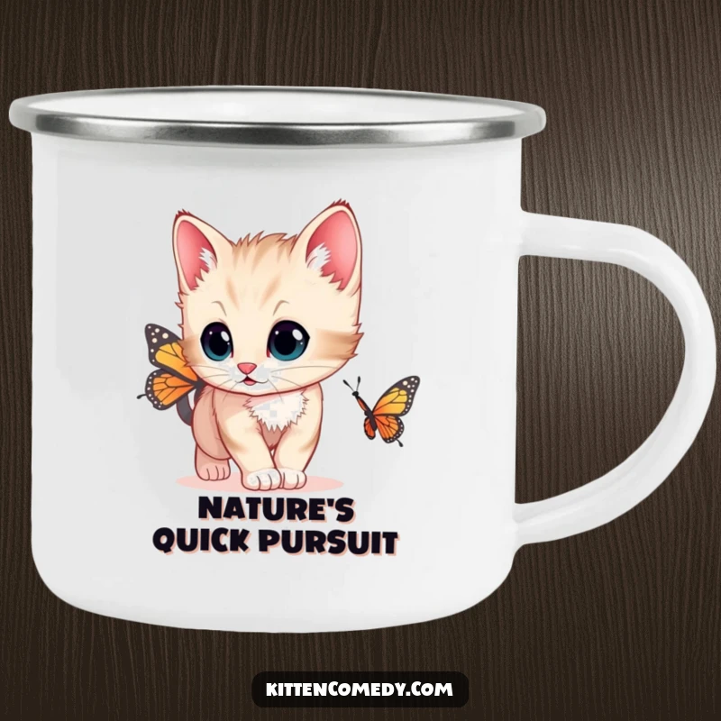 Funny durable enamel camping mug with a kitten having wide, curious eyes chasing a butterfly, perfect for outdoor adventures.