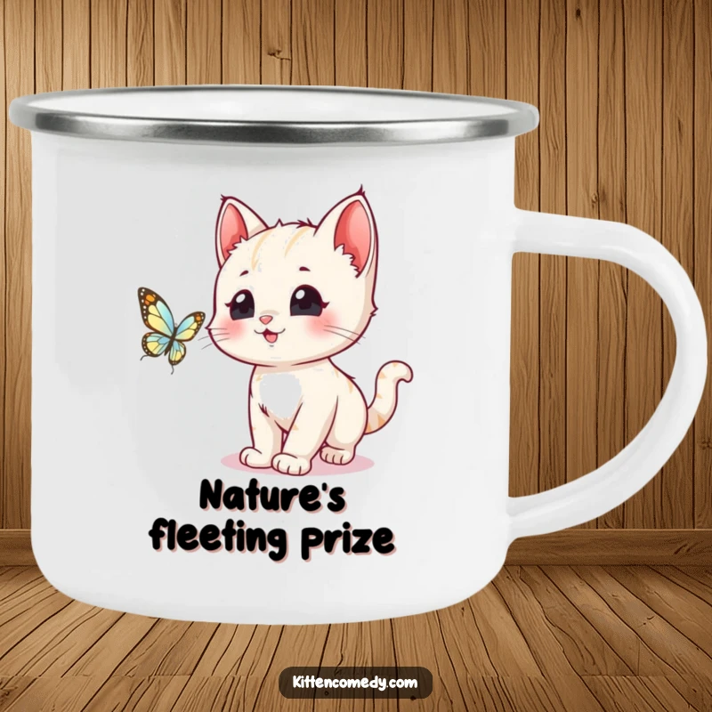 Funny kawaii kitten with wide eyes chasing a shimmering butterfly, perfect for this rugged and humorous camping mug.