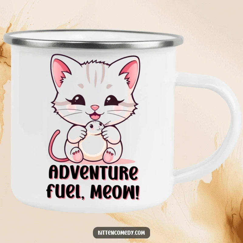 Funny kawaii kitten camping mug with a happy meow and mouse toy design, durable for adventures, a charming and funny gift for campers.