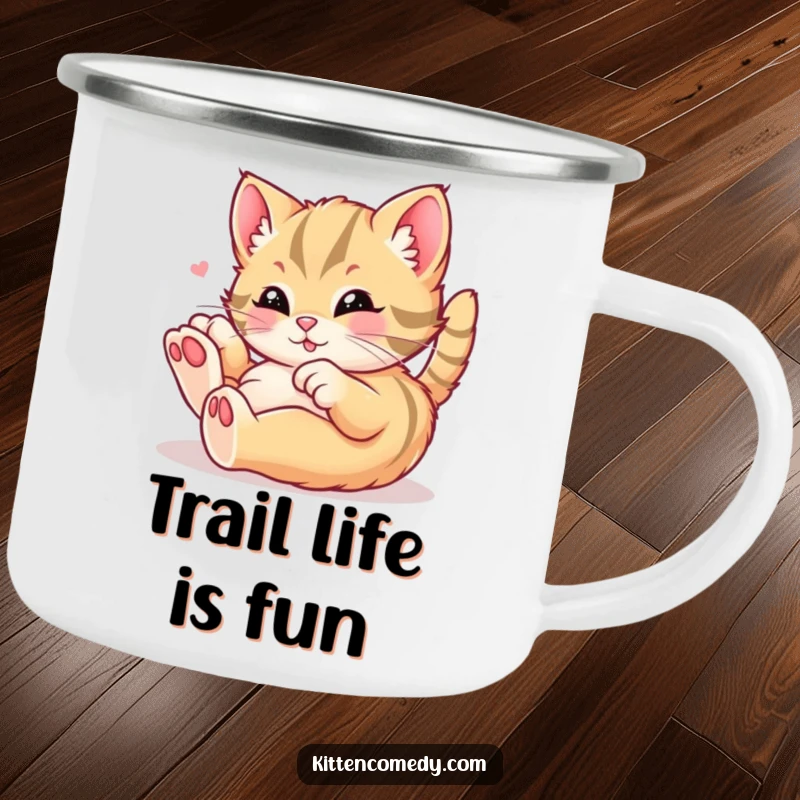 Funny kawaii kitten camping mug featuring a cat rolling in playful delight, adding cheer to outdoor activities, a durable funny gift.