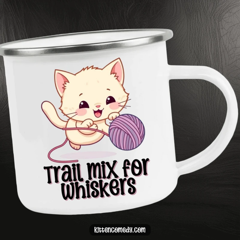 Funny Camping Mug showing a kawaii kitten gleefully pursuing a bouncy yarn ball, designed for outdoor enthusiasts who love humor.