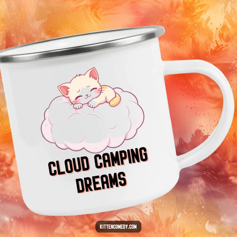 Funny camping mug: A kitten naps on a fluffy cloud, perfect for humorous outdoor enjoyment and relaxation.