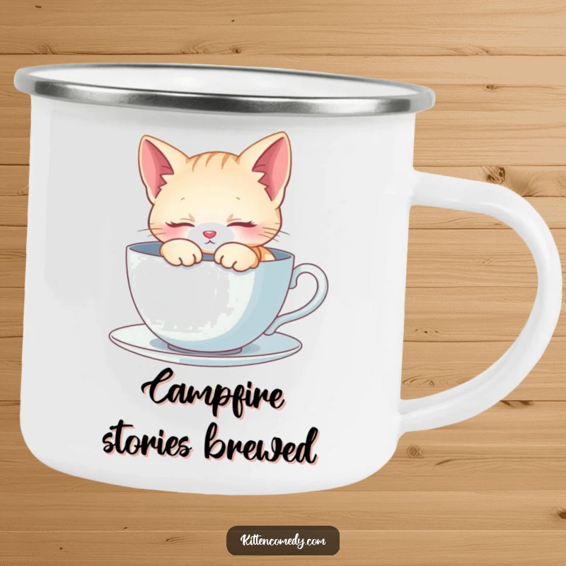 Funny Camping Mug: A kitten naps soundly in a teacup. Perfect for cozy camp mornings and warm drinks.