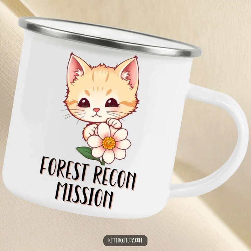 Funny kitten peeking from behind a flower on a durable enamel camping mug. For outdoor enthusiasts.
