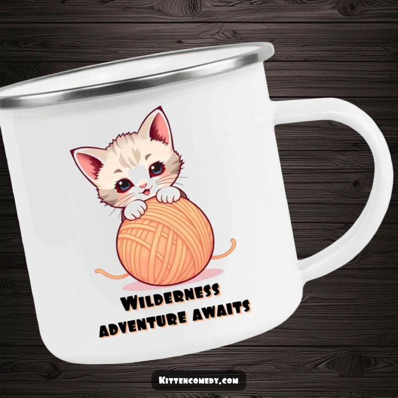 Funny Camping Mug: A kitten playfully pounces on a ball of yarn. Perfect for outdoor fun and warm drinks.