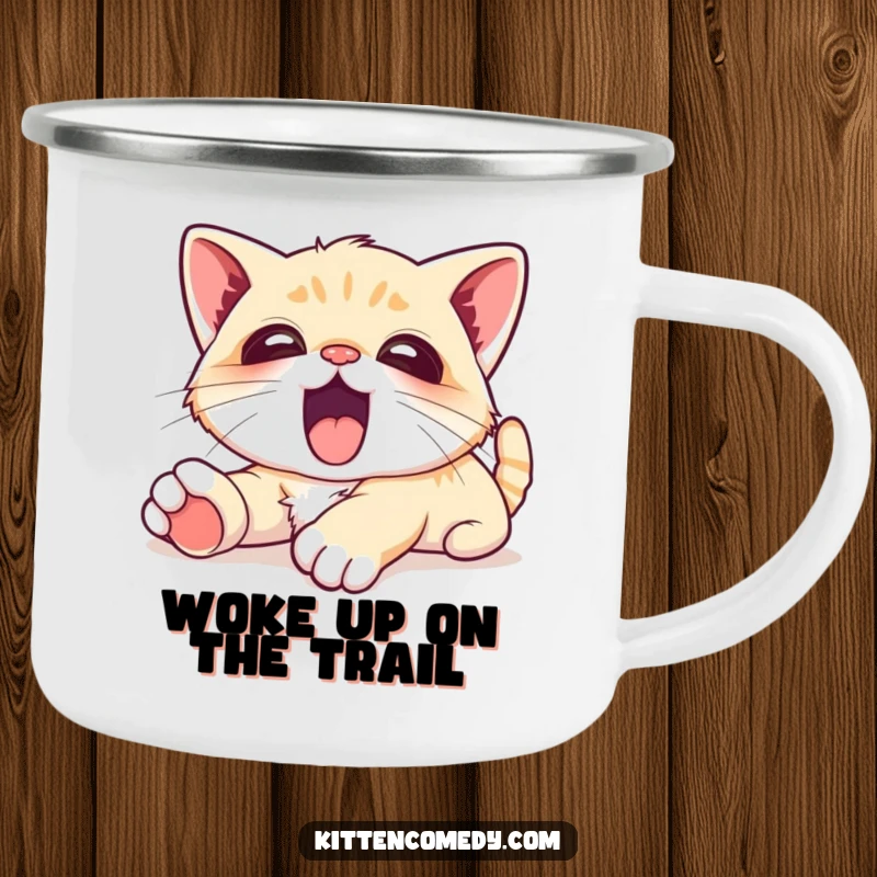Funny Camping Mug featuring a kawaii kitten in a state of complete relaxation, letting out a big, contented yawn.