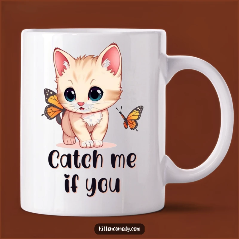 Funny Curious Kitten Mug - Butterfly Chase Gift for Cat Lovers