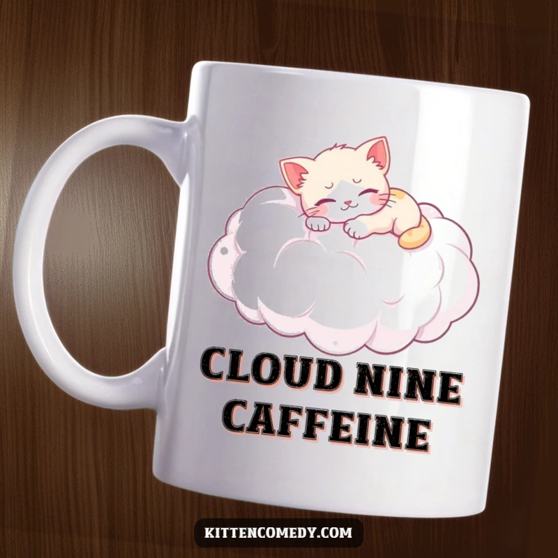 Funny mug: An adorable kitten character peacefully naps on a giant, fluffy cloud, embodying ultimate comfort and cuteness.