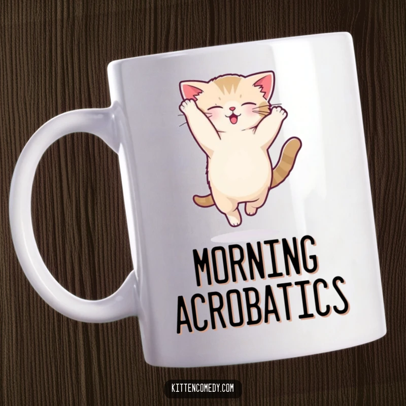 Funny kawaii kitten mug mid-air, performing a silly acrobatic flip with great enthusiasm.