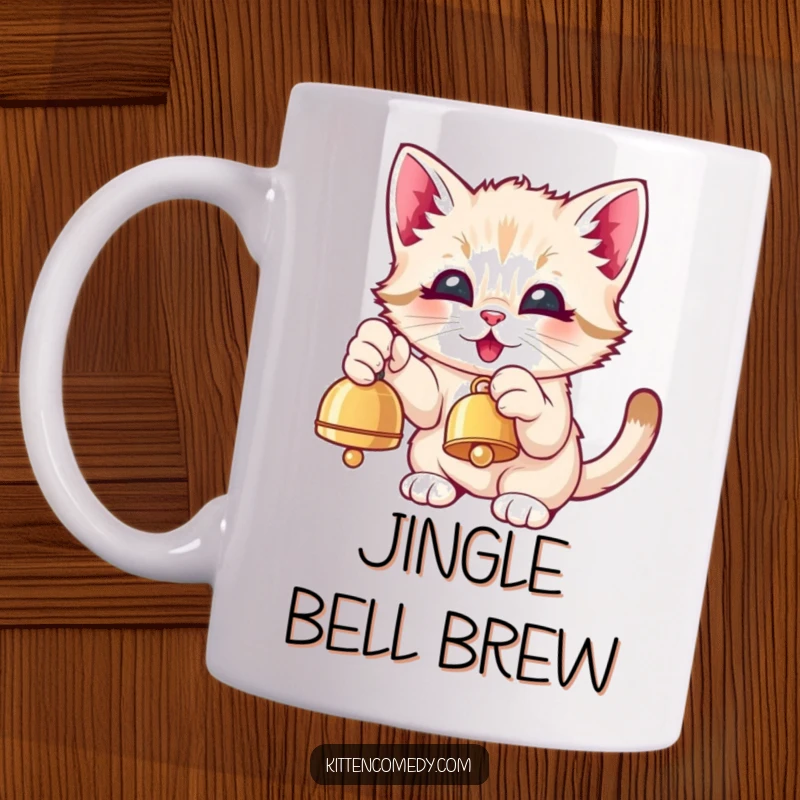 Funny Kawaii Kitten Mug: A cute kitten eagerly pawing at a dangling bell with eyes full of delight.