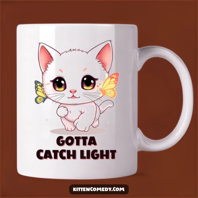 Funny Kawaii Kitten Butterfly Chase Mug - Enchanting and Amusing Gift for Cat Fans