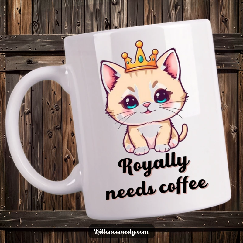 Funny kawaii kitten wearing a tiny crown, looking regal and pleased, cute and royal mug.