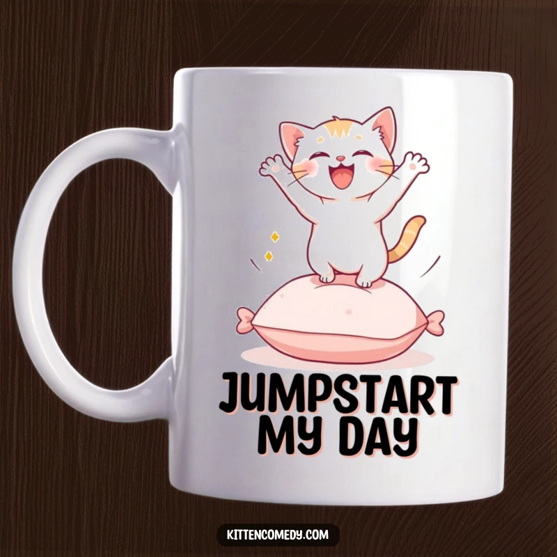 Funny Kawaii Kitten Mug: A cute kitten joyfully leaping from a soft cushion with boundless energy.