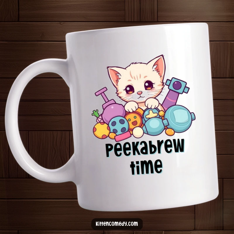 Funny Kawaii Kitten Mug: A cute kitten curiously peeking from behind a colorful pile of toys.