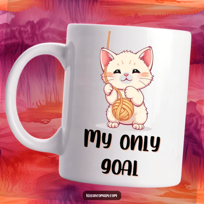Funny kawaii kitten mug batting playfully at a dangling yarn ball, capturing pure feline mischief and joy.