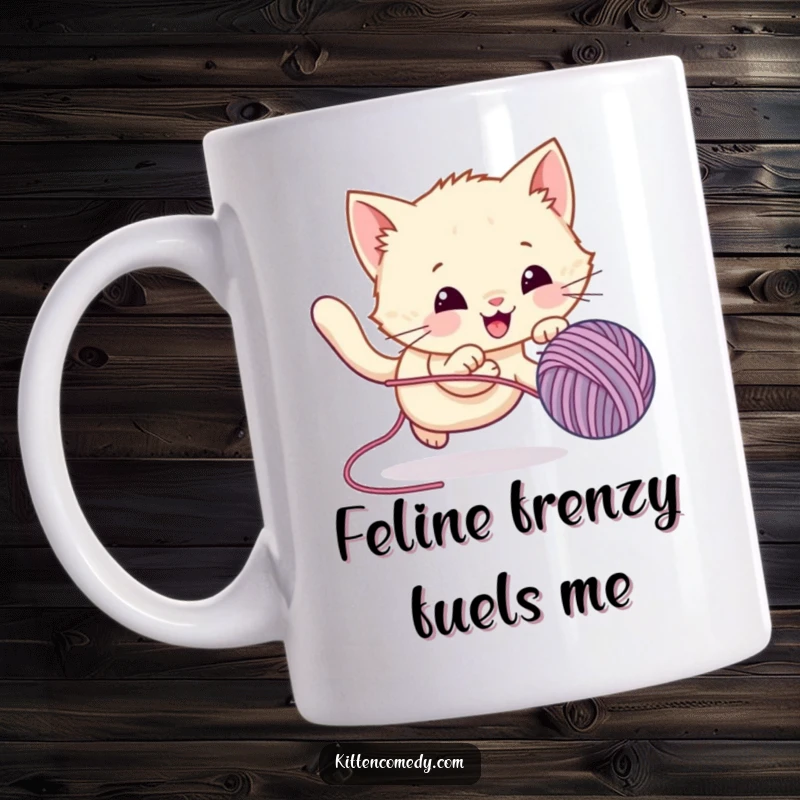 Funny Mug featuring a kawaii kitten leaping playfully to catch a bouncing ball of yarn, expressing pure joy and energy.