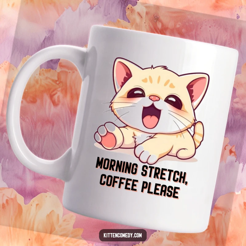 Funny Mug showcasing a kawaii kitten stretching languidly with its eyes closed in pure contentment and a big, happy yawn.