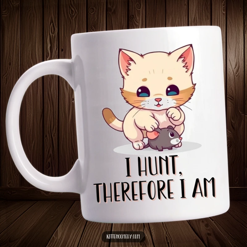 Funny kitten mug capturing a playful surprise pounce on a toy mouse, showcasing feline agility and mischief for a hilarious visual gag.