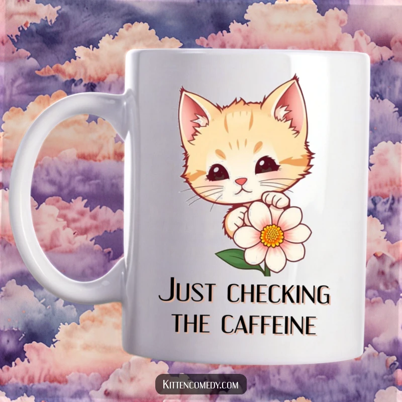 Funny kitten peeking curiously from behind a vibrant flower, wide eyes full of mischief. A delightful ceramic mug for cat enthusiasts.