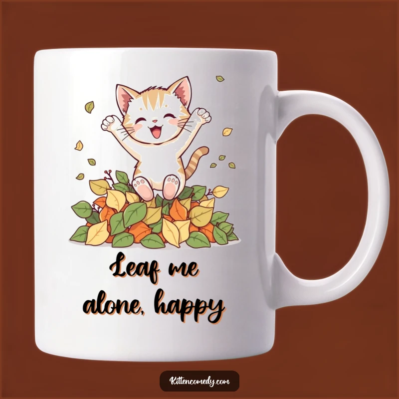 Funny Leaf Leap Kitten Mug: Joyful Feline Fun, Perfect Autumn Gift