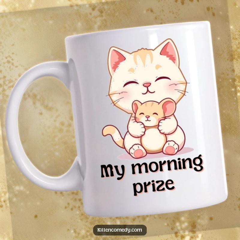 Funny mug showcasing a cute kitten character with a little meow, offering a tiny toy mouse. Adorable and humorous gift.