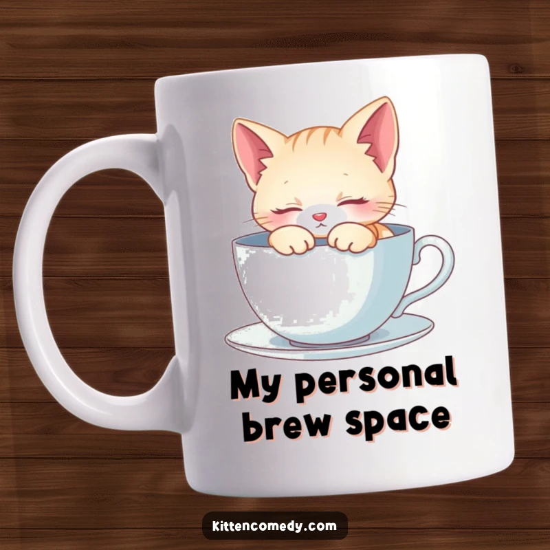 Funny Mug: A cute kitten peacefully naps inside a giant teacup, radiating ultimate coziness. Adorable and humorous.
