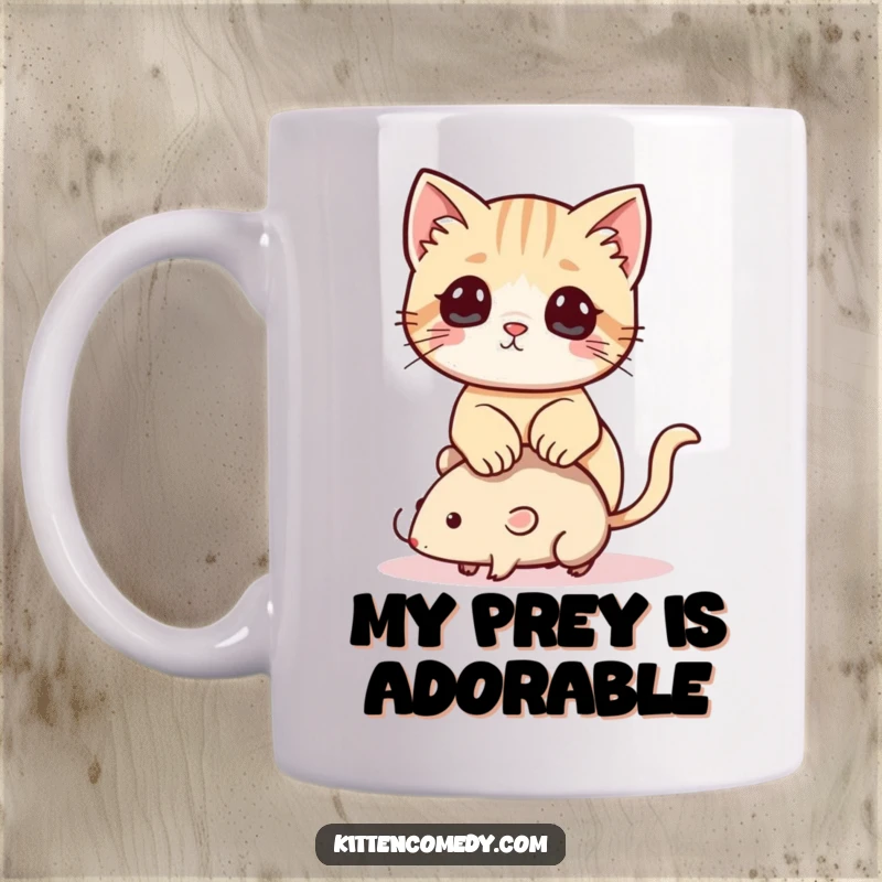 Funny Kawaii Kitten Mug: A playful kitten sits atop a small toy mouse, showcasing its hunting instincts humorously.