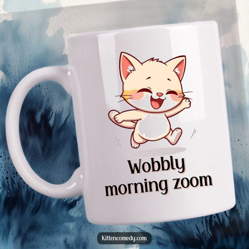Funny mug showcasing a cute kitten character mid-stumble while running, looking endearingly clumsy. Hilarious and humorous.